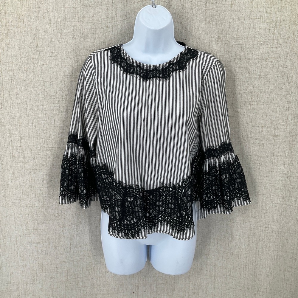 Zara Woman Blouse Womens M Black White Striped Lace Boho Bell Sleeve Tie Back